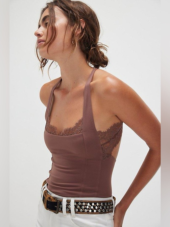 Free People Tops - Free People Intimately Looking Good Cami Brown Lace Trim Top Open Back Size M
